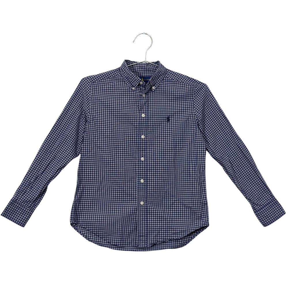 Ralph Lauren Button Up Boys Medium 10-12 Blue Plaid Shirt Long Sleeve Cotton
